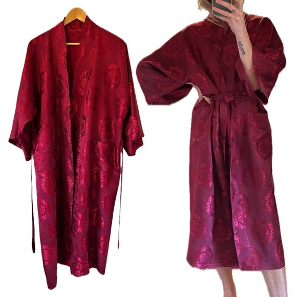 Vintage Authentic Silk Burgundy Maroon Wine Red Kimono Robe Duster Jacket - Picture 1 of 13